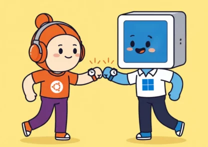 Ubuntu and Windows syncing system clocks in a playful cartoon style